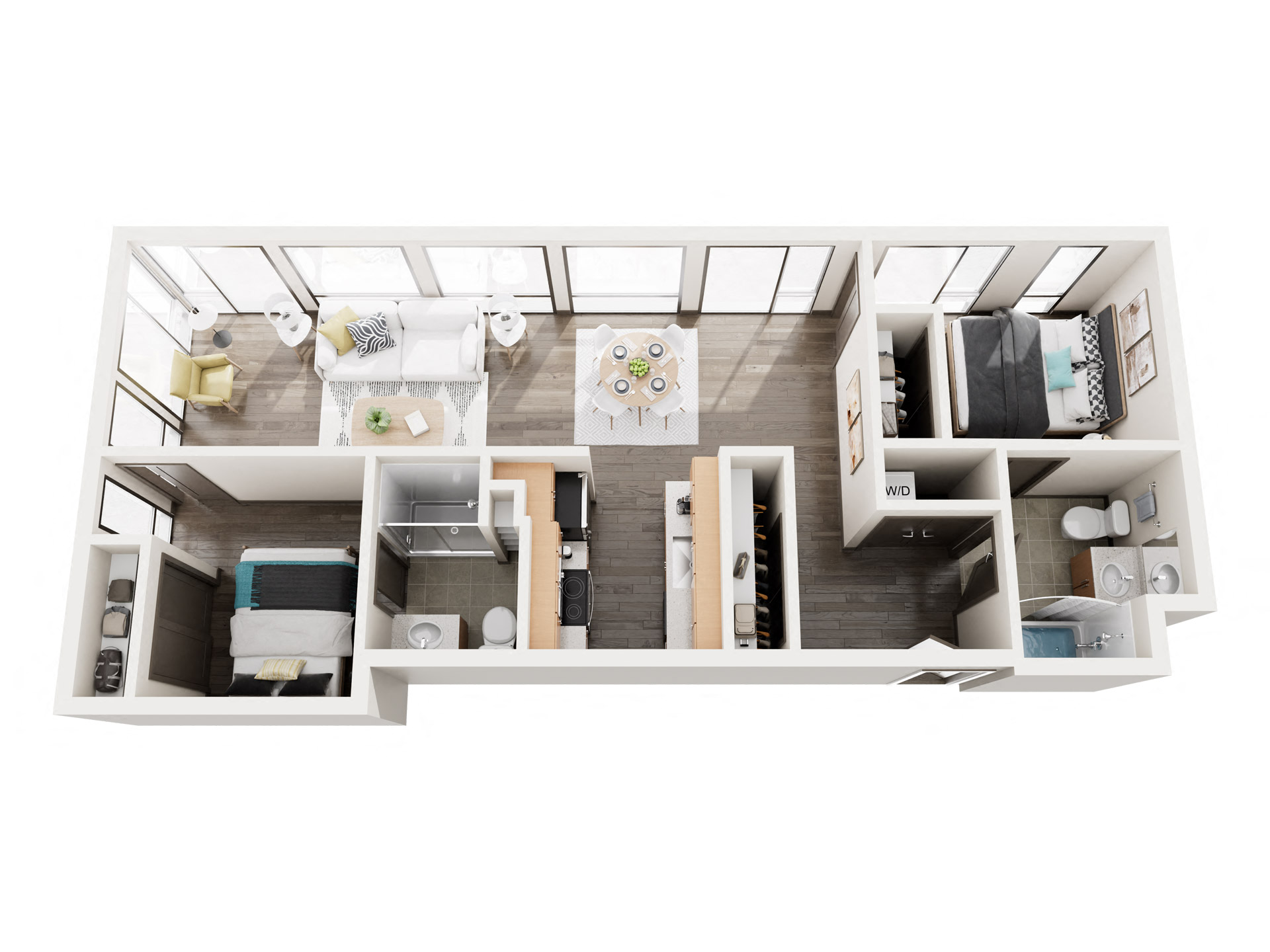 Floor plan for 2 beds, 2 baths, 909 sqft